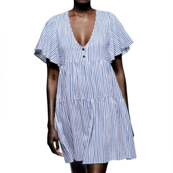 NWOT Zara Striped Linen Blend Flutter Sleeve Gold Button Tiered Dress Sz XS - Picture 1 of 11